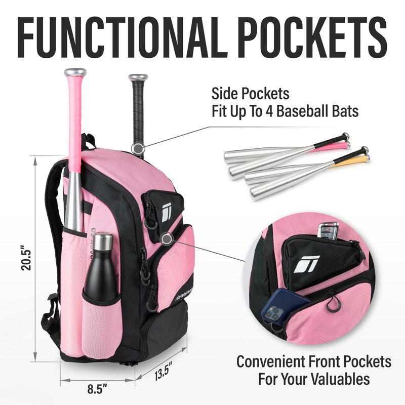 Tonesport Baseball Bag - Backpack for Baseball, Softball, Tball - Adults & Youth Bat Bag - Radiant Pink - Image 5