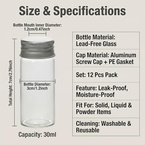UPSTORE 12 Pcs 30ml Clear Glass Jars Mini Storage Vials with Aluminum Screw Lids Multipurpose Small Glass Containers for Beads Jewelry Wedding Favors DIY Craft Decor - Image 3