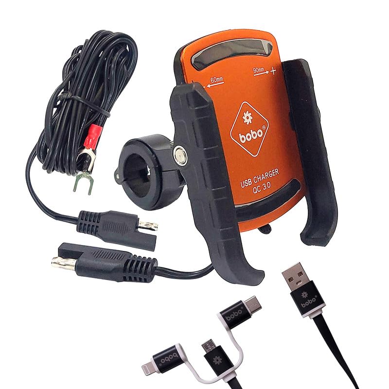 Bobo BM1 PRO Jaw-Grip Waterproof Bike/Motorcycle/Scooter Mobile Phone Holder Mount with Fast USB 3.0 Charger, SAE Connector & Small USB Cable, Ideal for Maps and GPS Navigation (Orange) - Image 1