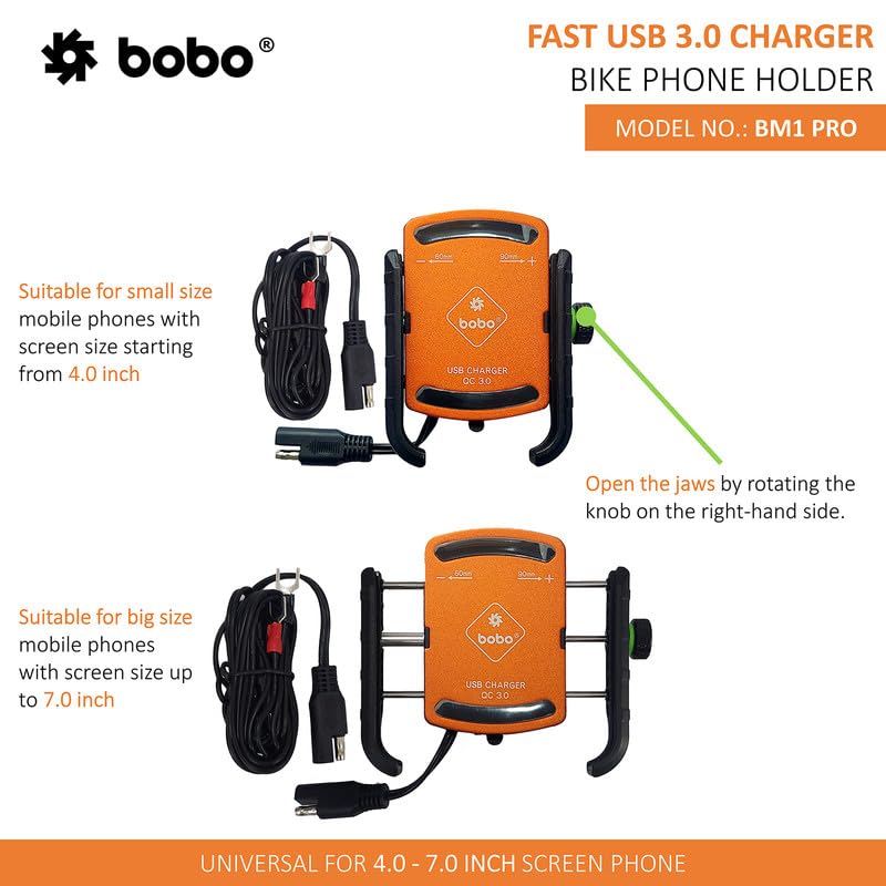 Bobo BM1 PRO Jaw-Grip Waterproof Bike/Motorcycle/Scooter Mobile Phone Holder Mount with Fast USB 3.0 Charger, SAE Connector & Small USB Cable, Ideal for Maps and GPS Navigation (Orange) - Image 3