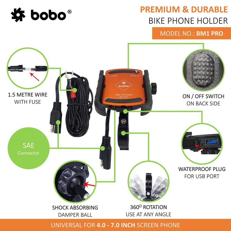 Bobo BM1 PRO Jaw-Grip Waterproof Bike/Motorcycle/Scooter Mobile Phone Holder Mount with Fast USB 3.0 Charger, SAE Connector & Small USB Cable, Ideal for Maps and GPS Navigation (Orange) - Image 2