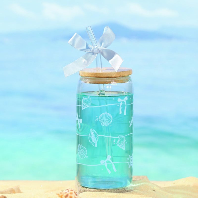 KMCCUMBER Ocean Animals Glass Cup with Lid and Straw, 16oz Iced Coffee Cup Tumbler Beach Gifts for Women Teen Girls Valentines Gifts for Mom Wife Sister Friends Colleagues Beach Lovers - Image 2