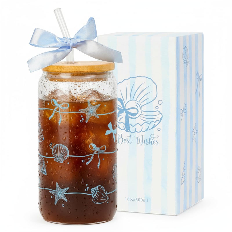 KMCCUMBER Ocean Animals Glass Cup with Lid and Straw, 16oz Iced Coffee Cup Tumbler Beach Gifts for Women Teen Girls Valentines Gifts for Mom Wife Sister Friends Colleagues Beach Lovers - Image 1