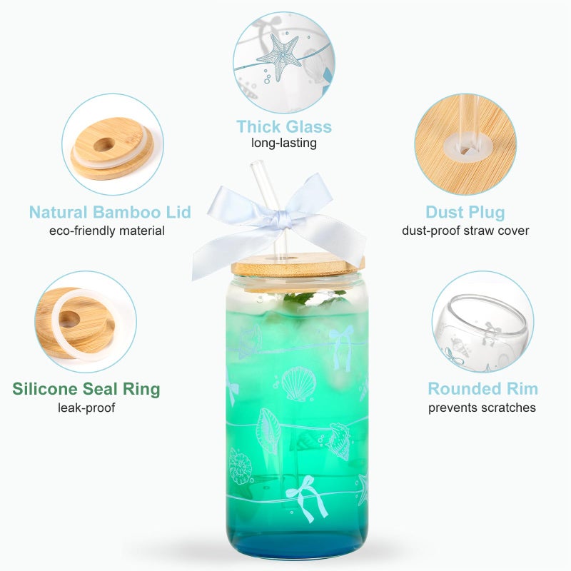 KMCCUMBER Ocean Animals Glass Cup with Lid and Straw, 16oz Iced Coffee Cup Tumbler Beach Gifts for Women Teen Girls Valentines Gifts for Mom Wife Sister Friends Colleagues Beach Lovers - Image 4