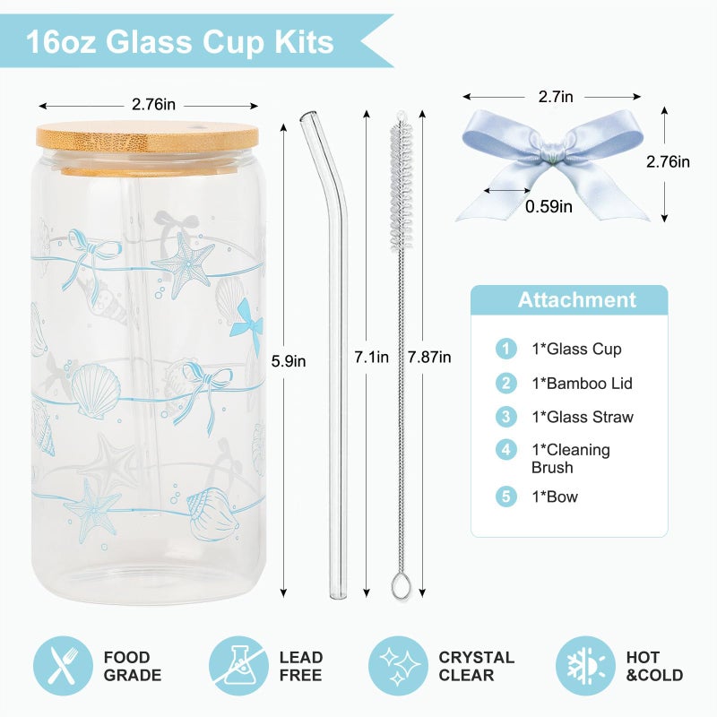 KMCCUMBER Ocean Animals Glass Cup with Lid and Straw, 16oz Iced Coffee Cup Tumbler Beach Gifts for Women Teen Girls Valentines Gifts for Mom Wife Sister Friends Colleagues Beach Lovers - Image 3