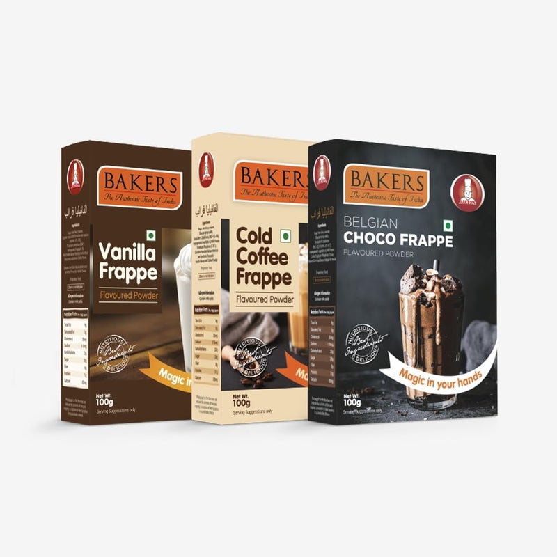 BAKERS Cold Coffee Frappe Powder,Vanilla Frappe and Belgian Choco Frappe Powder | 100% Veg | Refreshing & Creamy | for Frappe, Shakes & Cold Coffee | Pack of 3 (Each 100gm) - Image 1