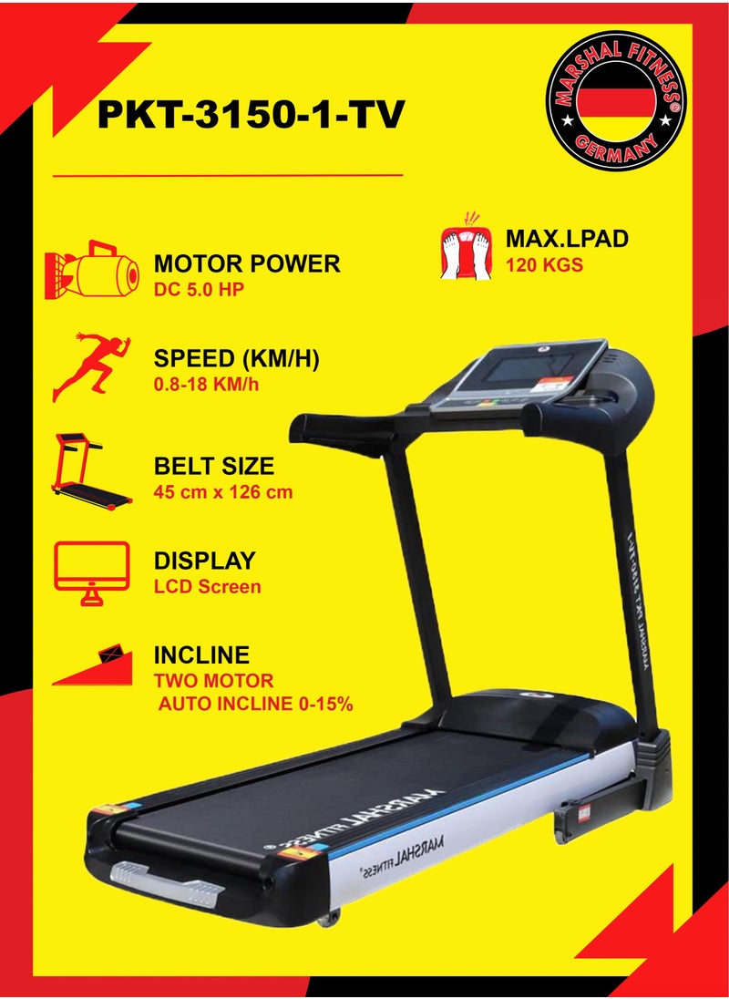 Marshal Fitness PKT-3150-1-TV 10.1" TV Screen Display Automatic Incline Low Noise 5 HP DC Motor Foldable Treadmill with Wifi Connectivity For Home Use  - Image 2