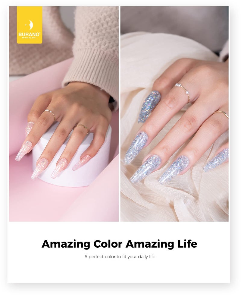 BURANO Poly Extension Gel Nail Kit, 6 Colors Nail Poly Nails Builder Gel Set for Beginner & Professional Using, DIY Starter Kit Nail Art Gift (glitter) - Image 3