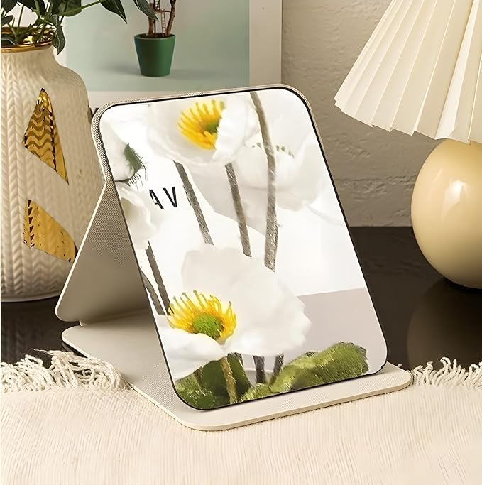 Universal deals Universal deals Makeup Mirror 17x12 Centimetre Portable PU Leather Mirror Folding Desktop Vanity Mirror with Adjustable Stand for Vanity Table Office Travel White  - Image 3