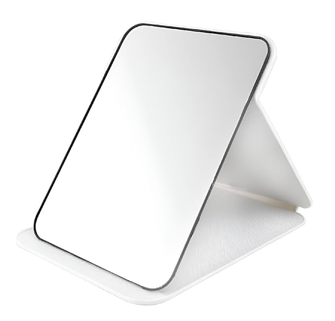 Universal deals Universal deals Makeup Mirror 17x12 Centimetre Portable PU Leather Mirror Folding Desktop Vanity Mirror with Adjustable Stand for Vanity Table Office Travel White  - Image 1