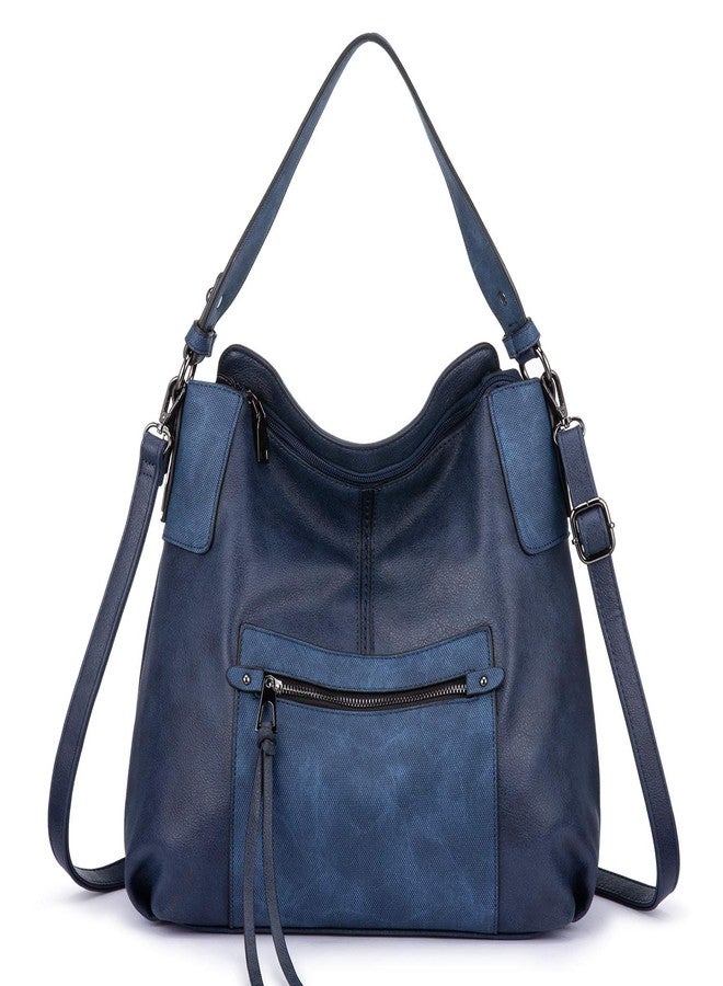 Realer Hobo Crossbody Bags for Women Designer Faux Leather Hobo Handbags Retro Large Size Shoulder Bag Bucket Purse, Navy, Large-15.2 inch - Image 1