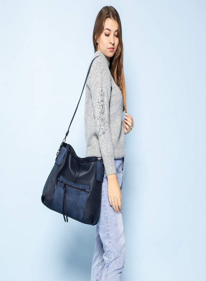 Realer Hobo Crossbody Bags for Women Designer Faux Leather Hobo Handbags Retro Large Size Shoulder Bag Bucket Purse, Navy, Large-15.2 inch - Image 3