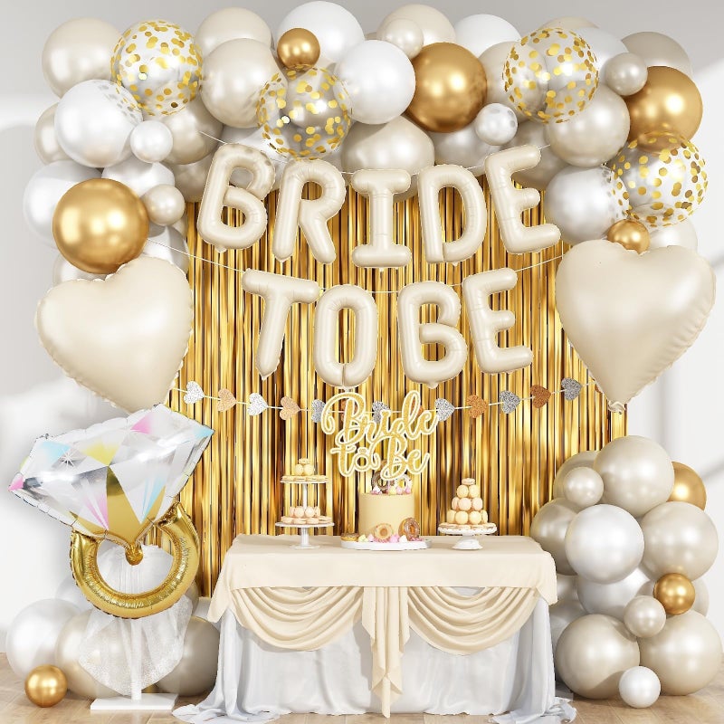 Paeyeq Cream Gold Bachelorette Party Decorations, Bride To Be Mylar Foil Letter Balloons with White Gold Balloons Diamond Ring and Cream Heart Balloon for Bridal Shower Decoration Engagement Hen Party Decor - Image 1