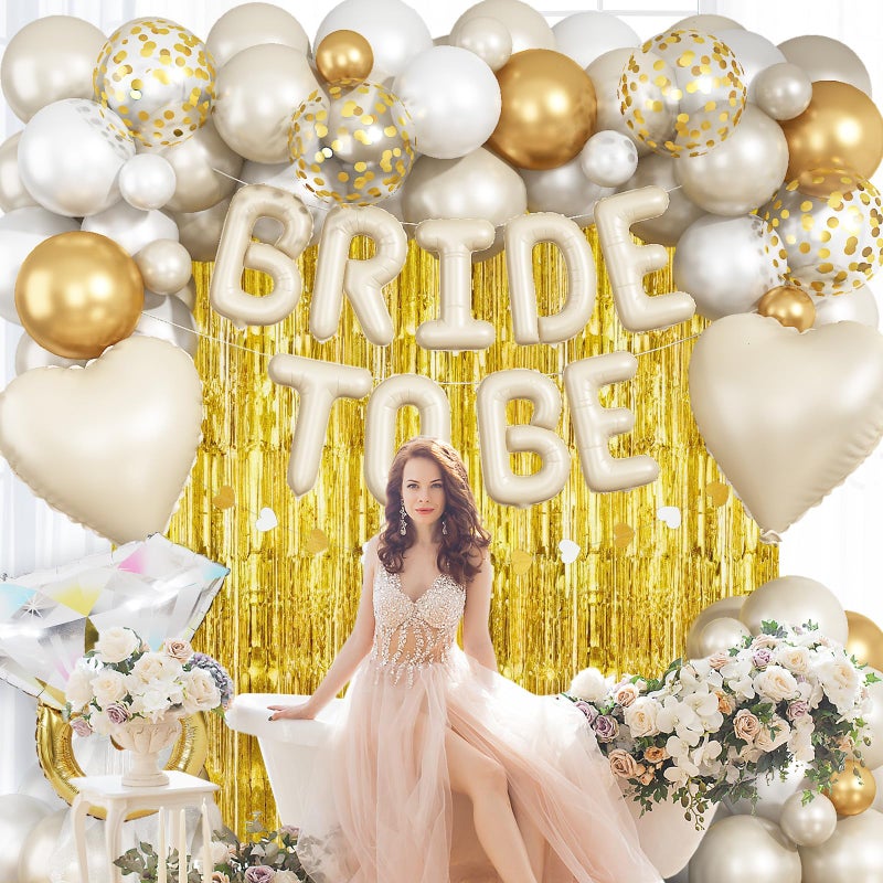 Paeyeq Cream Gold Bachelorette Party Decorations, Bride To Be Mylar Foil Letter Balloons with White Gold Balloons Diamond Ring and Cream Heart Balloon for Bridal Shower Decoration Engagement Hen Party Decor - Image 3