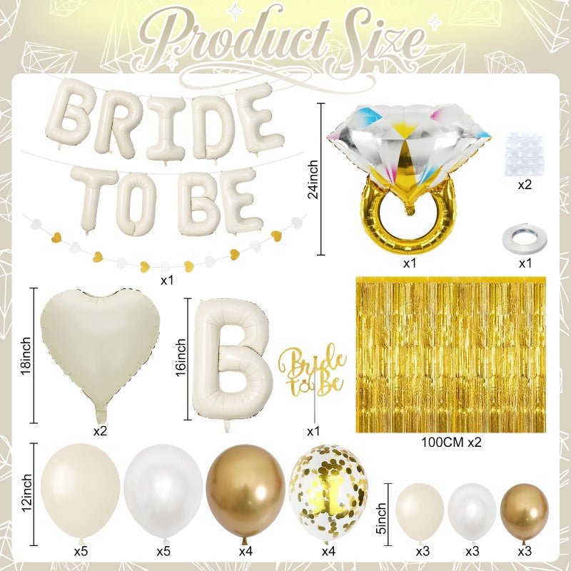 Paeyeq Cream Gold Bachelorette Party Decorations, Bride To Be Mylar Foil Letter Balloons with White Gold Balloons Diamond Ring and Cream Heart Balloon for Bridal Shower Decoration Engagement Hen Party Decor - Image 4