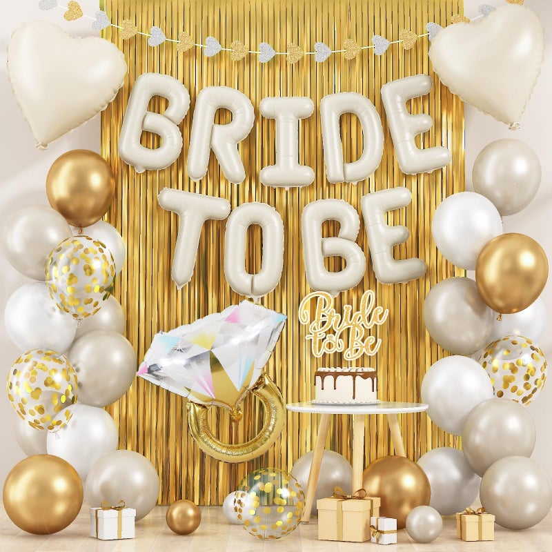Paeyeq Cream Gold Bachelorette Party Decorations, Bride To Be Mylar Foil Letter Balloons with White Gold Balloons Diamond Ring and Cream Heart Balloon for Bridal Shower Decoration Engagement Hen Party Decor - Image 2