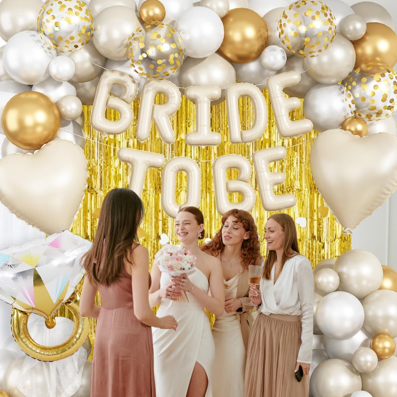 Paeyeq Cream Gold Bachelorette Party Decorations, Bride To Be Mylar Foil Letter Balloons with White Gold Balloons Diamond Ring and Cream Heart Balloon for Bridal Shower Decoration Engagement Hen Party Decor - Image 5