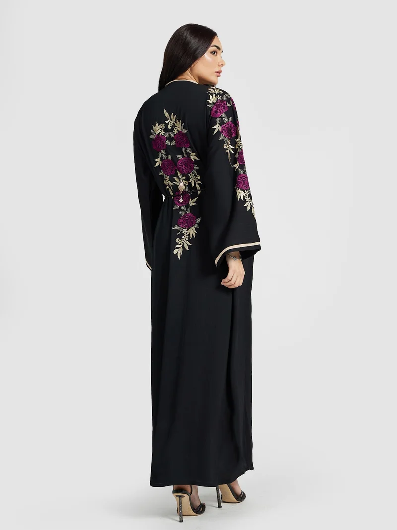 Reem Abayas  Magenta Rose Embroidered Black Abaya Set for Women | Best Price UAE