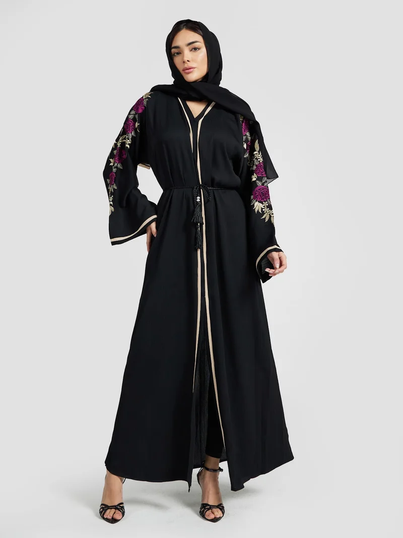 Magenta Rose Embroidered Black Abaya Set