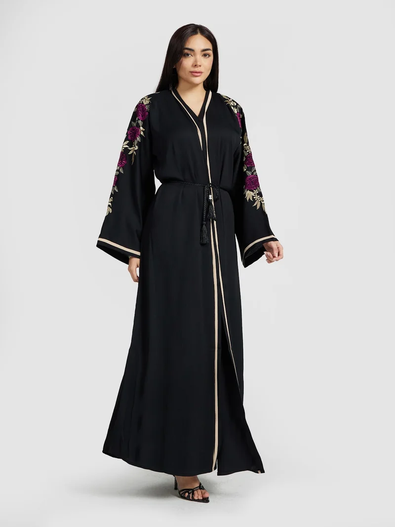 Reem Abayas  Magenta Rose Embroidered Black Abaya Set for Women | Best Price UAE