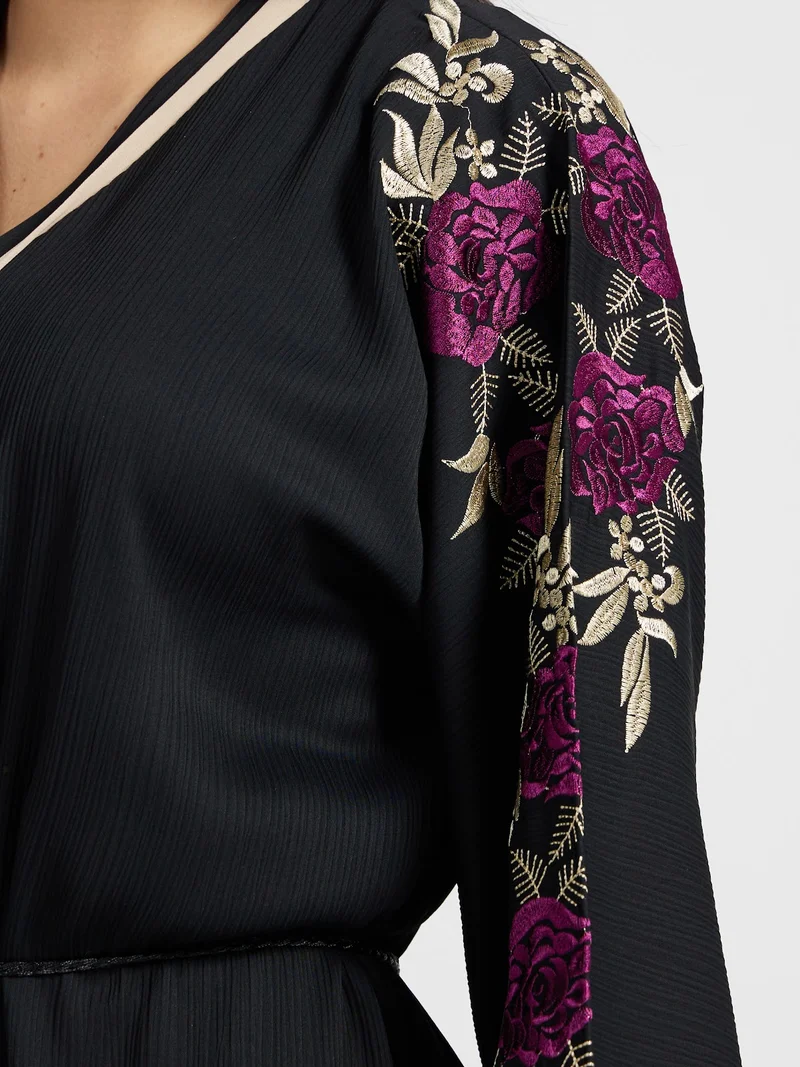 Reem Abayas  Magenta Rose Embroidered Black Abaya Set for Women | Best Price UAE