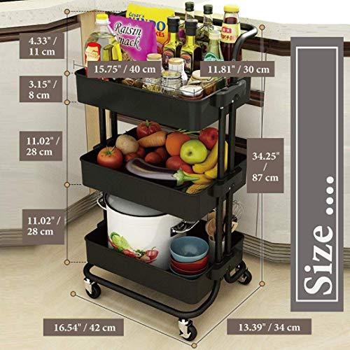 EMNDR 3 Tier Black Rolling Utility Cart with Handle Mobile Trolley Cart Craft Cart Service Cart Rolling Storage Organizer with 2 Brakes for Kitchen Bathroom Laundry Room (Black, Round) - Image 3