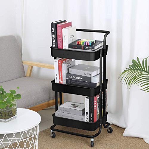 EMNDR 3 Tier Black Rolling Utility Cart with Handle Mobile Trolley Cart Craft Cart Service Cart Rolling Storage Organizer with 2 Brakes for Kitchen Bathroom Laundry Room (Black, Round) - Image 4