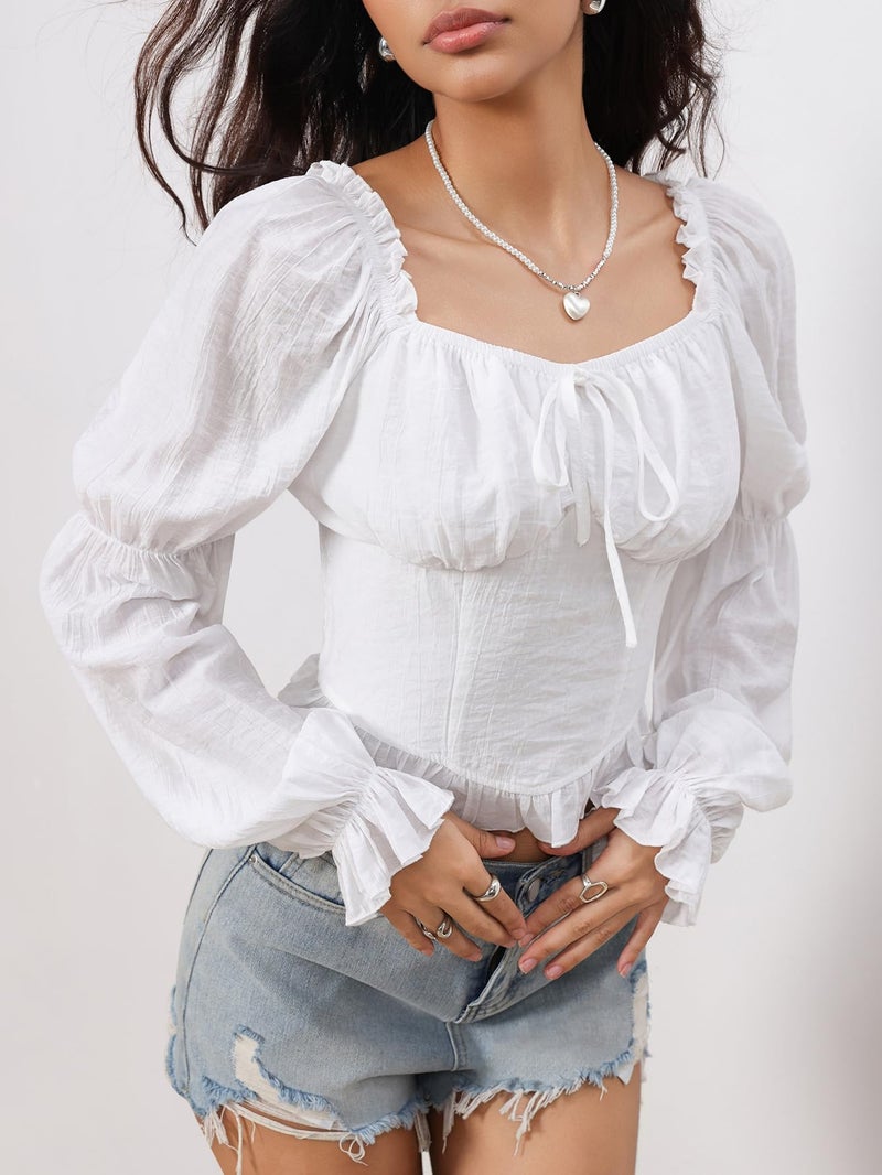 MakeMeChic Women's Renaissance Pirate Costume Corset Tops Puff Long Sleeve Ruched Bust Ruffled Peplum Peasant Blouse White Large - Image 3