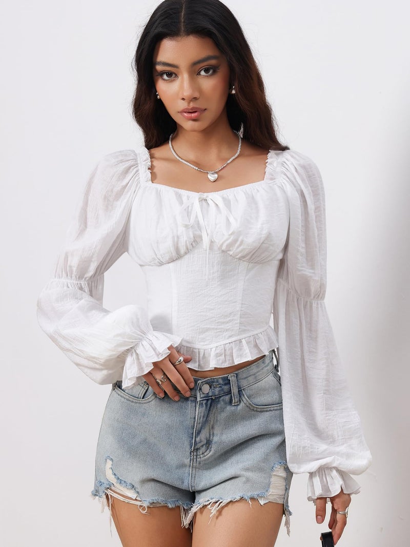MakeMeChic Women's Renaissance Pirate Costume Corset Tops Puff Long Sleeve Ruched Bust Ruffled Peplum Peasant Blouse White Large - Image 5