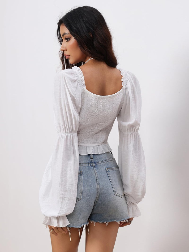 MakeMeChic Women's Renaissance Pirate Costume Corset Tops Puff Long Sleeve Ruched Bust Ruffled Peplum Peasant Blouse White Large - Image 2