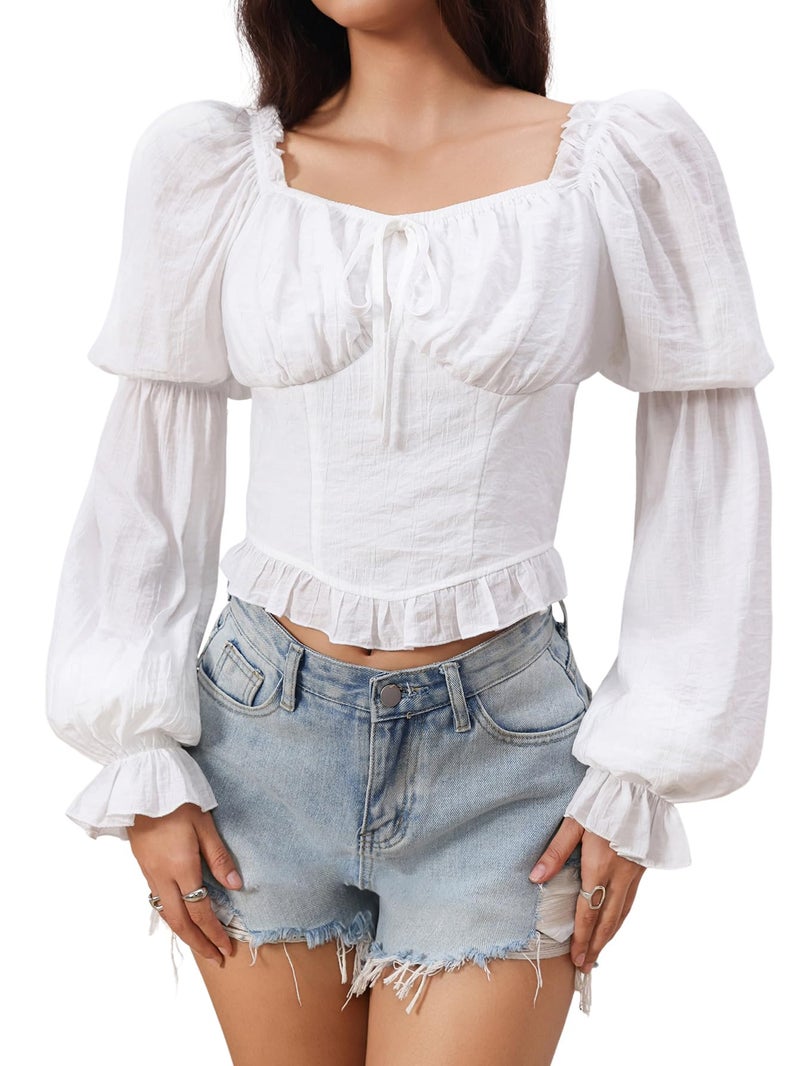 MakeMeChic Women's Renaissance Pirate Costume Corset Tops Puff Long Sleeve Ruched Bust Ruffled Peplum Peasant Blouse White Large - Image 4