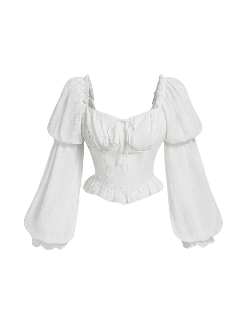 MakeMeChic Women's Renaissance Pirate Costume Corset Tops Puff Long Sleeve Ruched Bust Ruffled Peplum Peasant Blouse White Large - Image 1