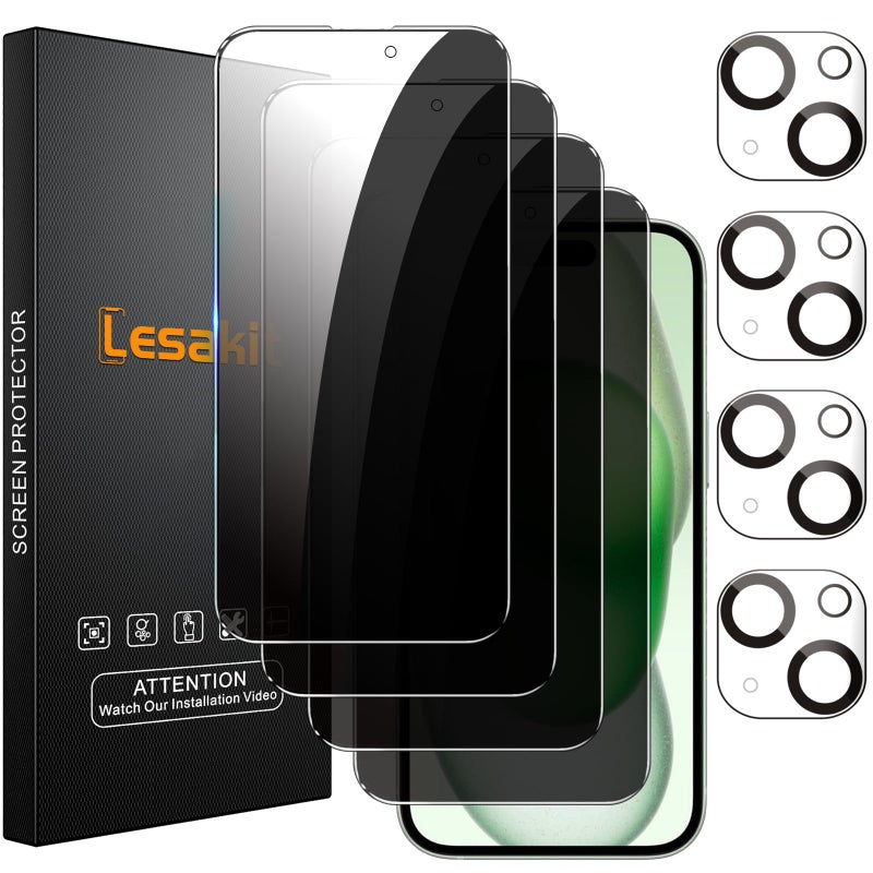 Lesakit 4+4 Pack Privacy Screen Protector for iPhone 15 6.1-Inch with 4 Pack Camera Lens Protector, Anti Spy Tempered Glass Film 9H Hardness Case Friendly - Image 1