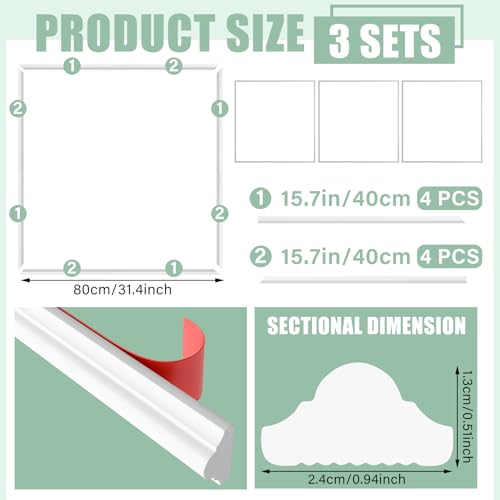 Colingmill 3 Set Accent Wall Molding Kit Premade Wainscoting Panels Wall Molding Peel and Stick Panel White Pre Cut Trim for Walls Picture Frame Molding for Home Decoration315x315 Inch - Image 3