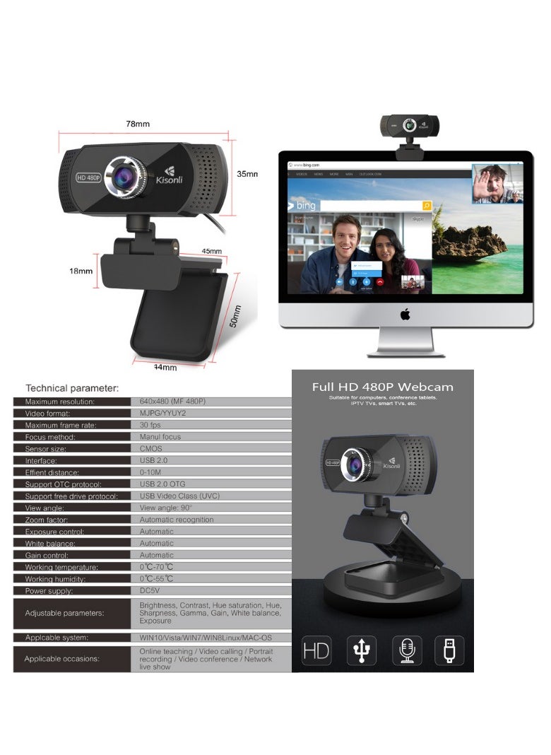Kisonli Webcam Full HD 480P , Manual focus webcam USB plug and play free driver With Microphone,  30 FPS,  Angle 90 -Black  - Image 4