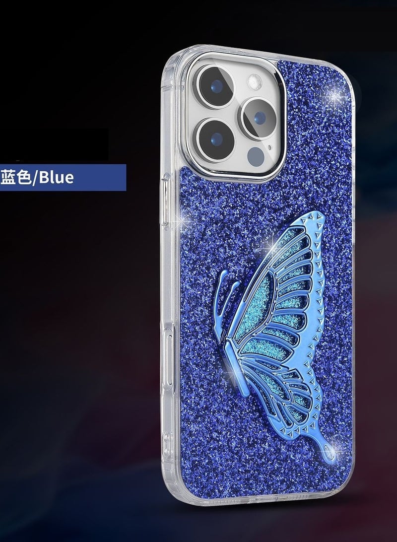 IP16 PRO SHINING BUTTERFLY CASE WITH STAND For   IPHONE 16 PRO (Design- 141) [Blue Color]