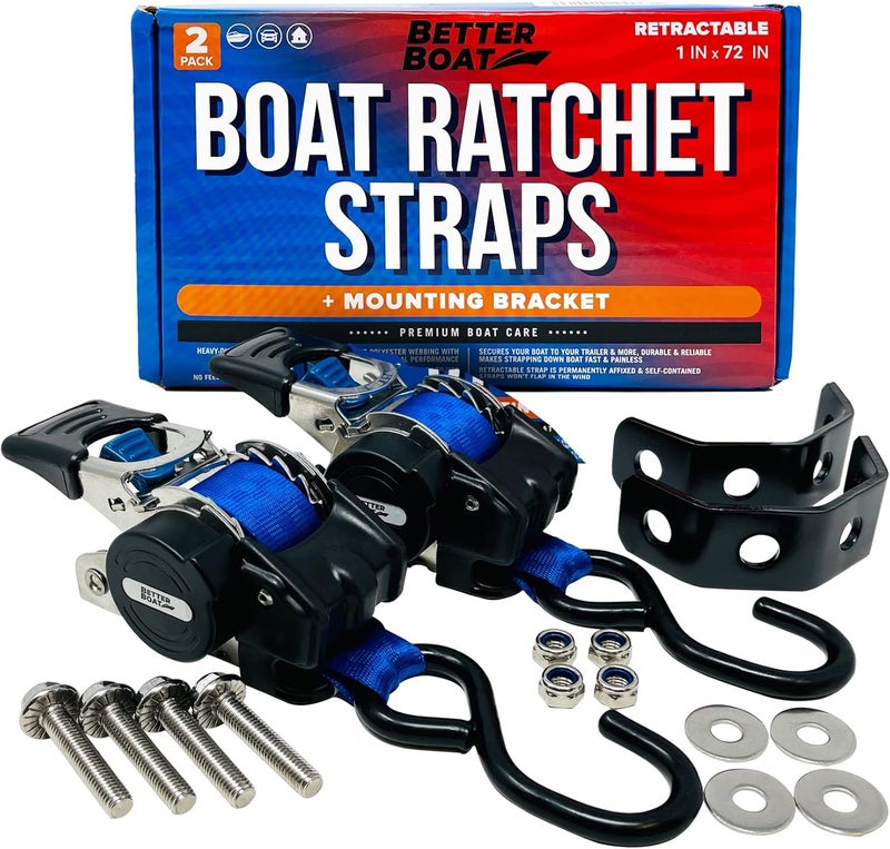Better Boat Stainless Steel Retractable Ratchet Straps, Heavy Duty Set, 1 Inch x 72 Inch, 2 Transom Tie-Downs with Mounting Brackets and Bolts, Auto Self-Retracting Buckle for Boat Trailer and Cargo - Image 1