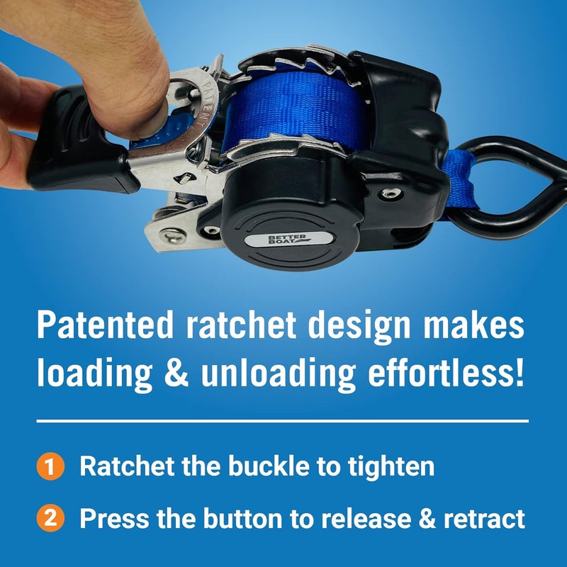 Better Boat Stainless Steel Retractable Ratchet Straps, Heavy Duty Set, 1 Inch x 72 Inch, 2 Transom Tie-Downs with Mounting Brackets and Bolts, Auto Self-Retracting Buckle for Boat Trailer and Cargo - Image 4
