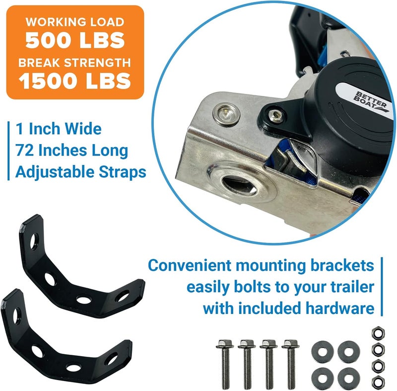 Better Boat Stainless Steel Retractable Ratchet Straps, Heavy Duty Set, 1 Inch x 72 Inch, 2 Transom Tie-Downs with Mounting Brackets and Bolts, Auto Self-Retracting Buckle for Boat Trailer and Cargo - Image 5