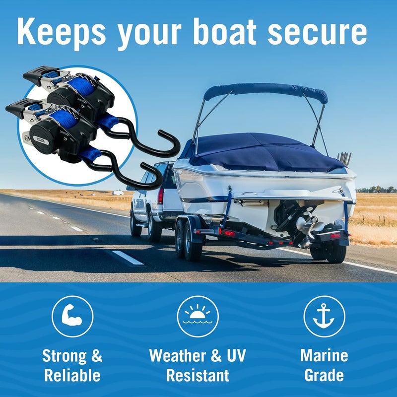 Better Boat Stainless Steel Retractable Ratchet Straps, Heavy Duty Set, 1 Inch x 72 Inch, 2 Transom Tie-Downs with Mounting Brackets and Bolts, Auto Self-Retracting Buckle for Boat Trailer and Cargo - Image 3