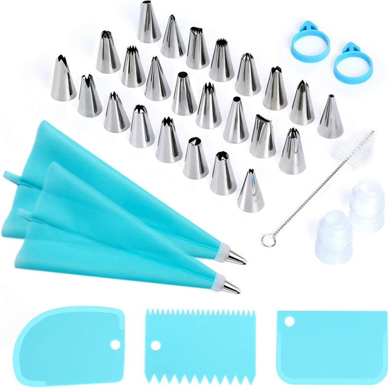 Byfryna 34PCs Cake Decorating Kit–Piping Bags and Tips Set With 24 Stainless Steel Piping Tips,2 Reusable Silicone Piping Bags,3 Smoothers, 2 Couplers,2 Bag Ties & 1 Brush for Baking & Cake Decoration - Image 1