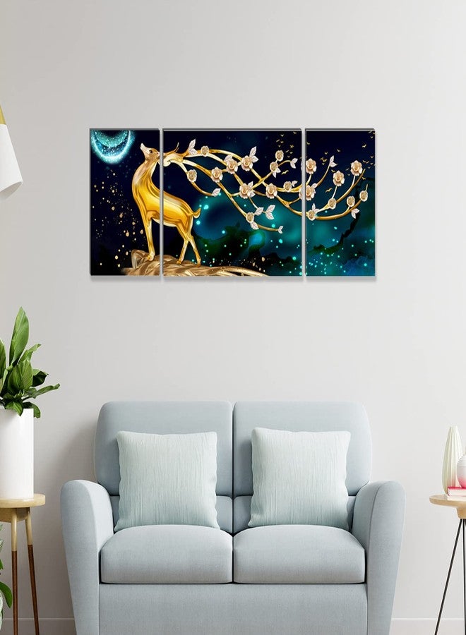 Masstone Golden Reindeer Night View HD Quality 3 Piece MDF Wall Painting With Frames | Appropriate For Home Decoration, Living Room, Office, Hotel | 91 x 30 Cm - Image 2