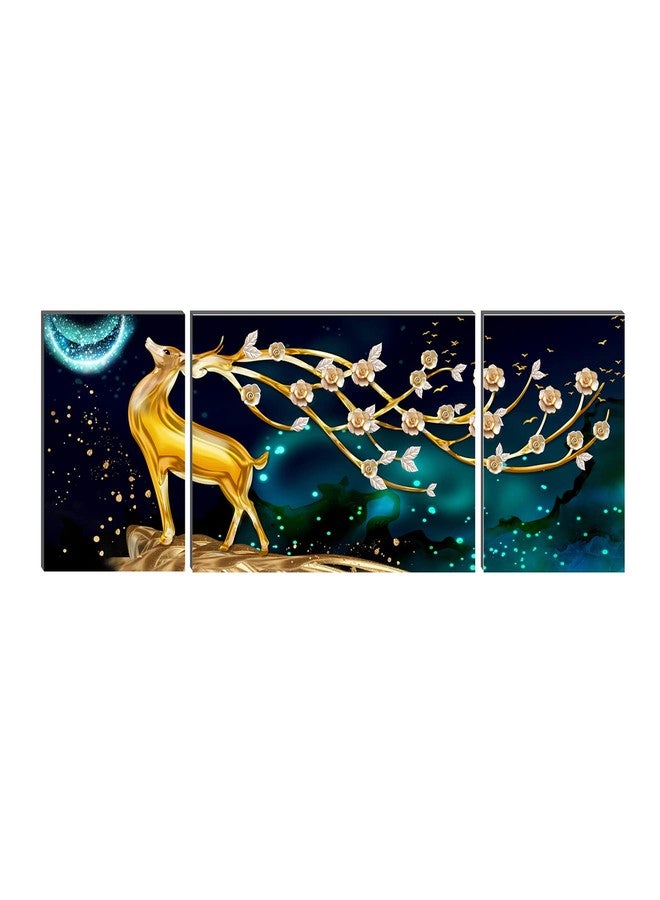 Masstone Golden Reindeer Night View HD Quality 3 Piece MDF Wall Painting With Frames | Appropriate For Home Decoration, Living Room, Office, Hotel | 91 x 30 Cm - Image 1