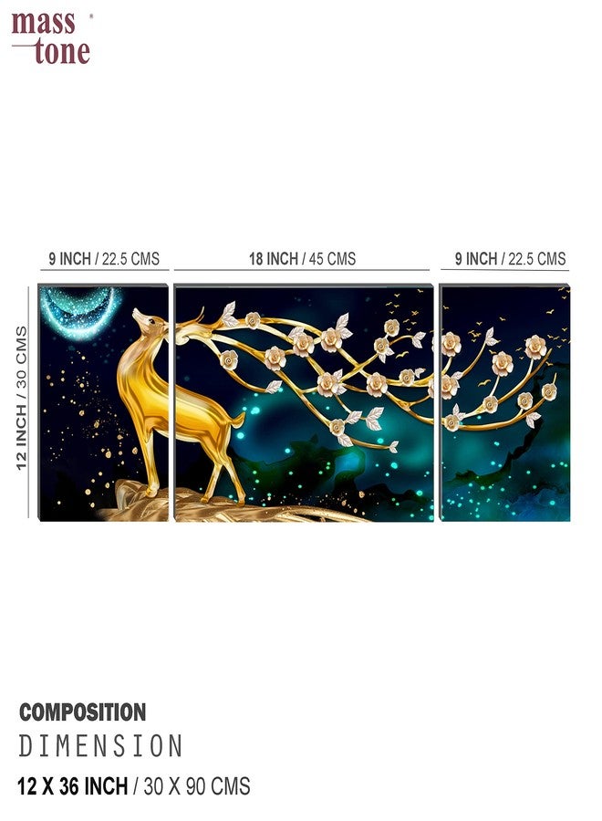Masstone Golden Reindeer Night View HD Quality 3 Piece MDF Wall Painting With Frames | Appropriate For Home Decoration, Living Room, Office, Hotel | 91 x 30 Cm - Image 3
