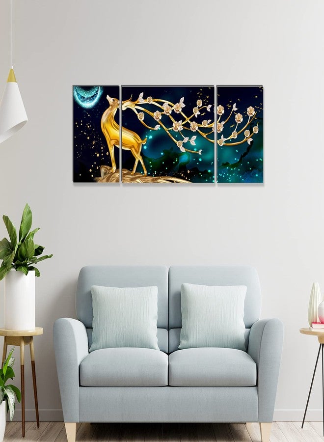 Masstone Golden Reindeer Night View HD Quality 3 Piece MDF Wall Painting With Frames | Appropriate For Home Decoration, Living Room, Office, Hotel | 91 x 30 Cm - Image 4