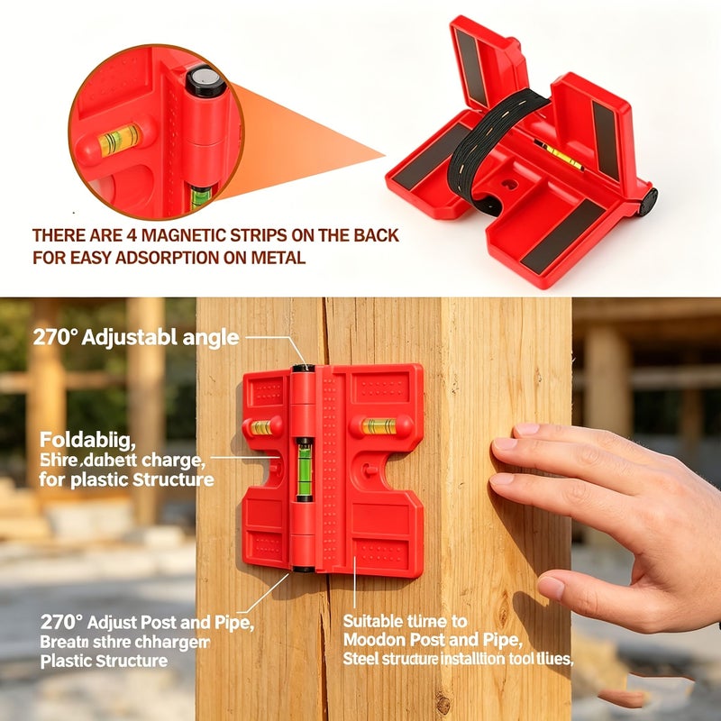 Magnetic Post Level With 270 Degree Adjustable Angle Foldable Structure Installation Tool For Wood Columns And Pipes Including Horizontal And Vertical Bubbles - Image 4