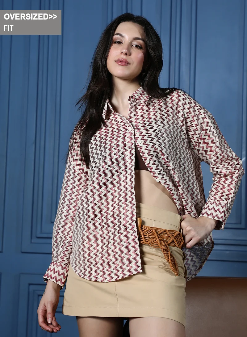Women's Chevron-Crochet Oversized Shirt | Spread Collar , Long Button-Cuff Sleeves, Button Closure | Stripes Crochet Woven Shirt For Casual & Daily Wear | Wine Red