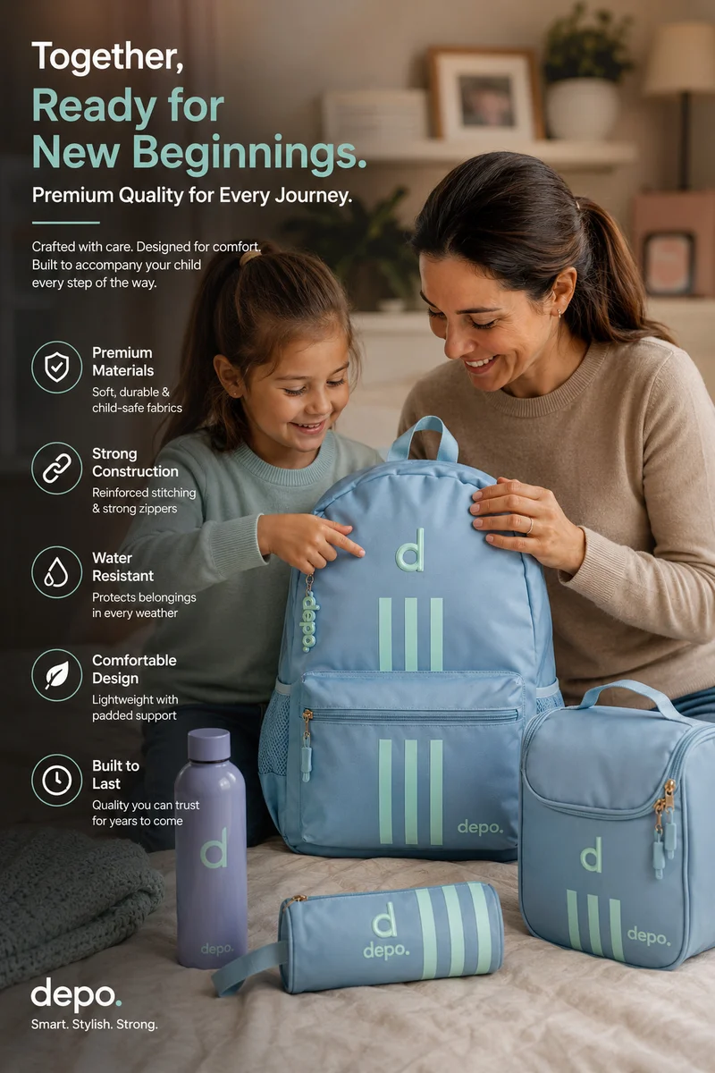 Depo DEPO 4-Piece Backpack Set – 44cm School Backpack, Insulated Lunch Bag, Pencil Case & 500ml Water Bottle | Lightweight Water-Resistant School Bag Set | Sky Blue