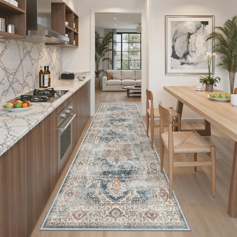 Madane Runner Rug 2'6''x8' Kitchen Runner, Hallway Runner Printed Vintage Washable Rugs Soft Non-Slip Low Pile Runners for Hallways Laundry Room Distressed Floor Carpet, Navy - Image 2