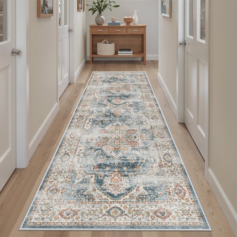 Madane Runner Rug 2'6''x8' Kitchen Runner, Hallway Runner Printed Vintage Washable Rugs Soft Non-Slip Low Pile Runners for Hallways Laundry Room Distressed Floor Carpet, Navy - Image 3